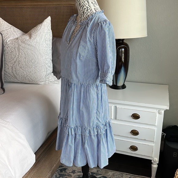 J Crew Tiered Popover Dress in Blue and White Stripes - Picture 6 of 8